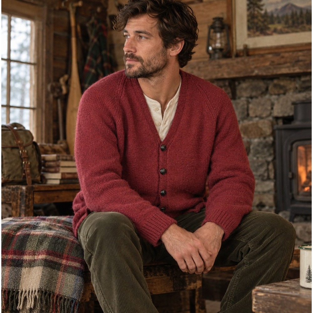 Vintage Handmade Wool Cardigan Mens Large Burgundy Red V-Neck Raglan Sweater